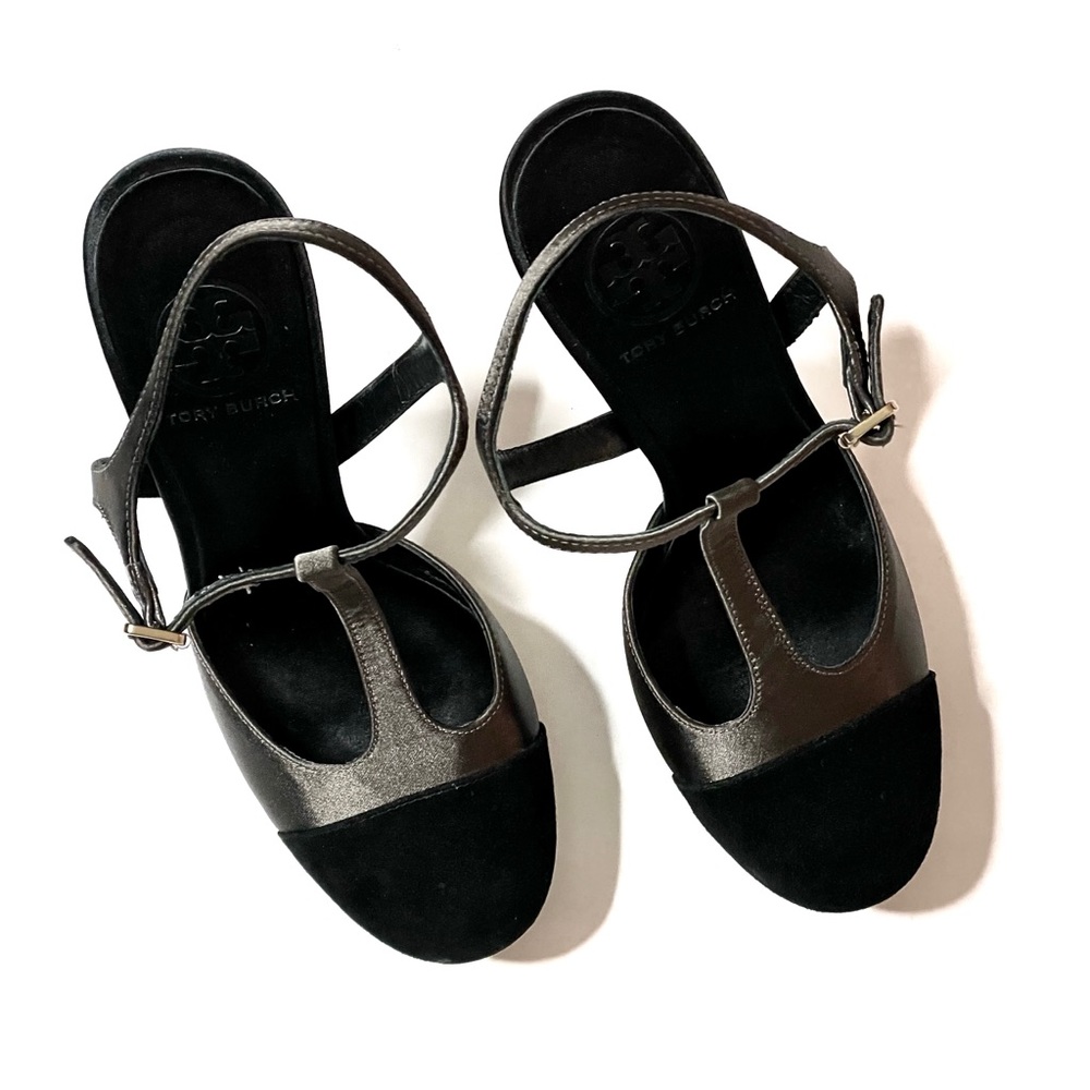 Tory Burch Black and Metallic Brown T‑Strap Heels